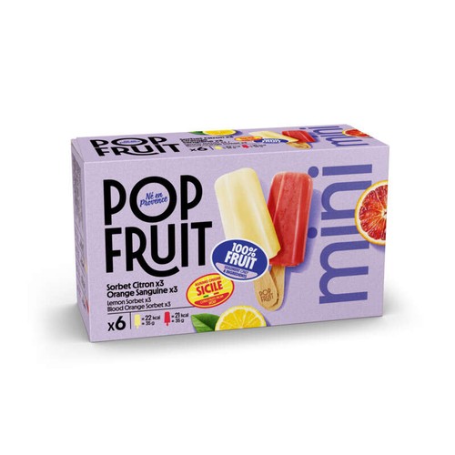 Pop Fruit Mini bâtonnet sorbet 100% fruit citron et orange sanguine de Sicile 6x35g