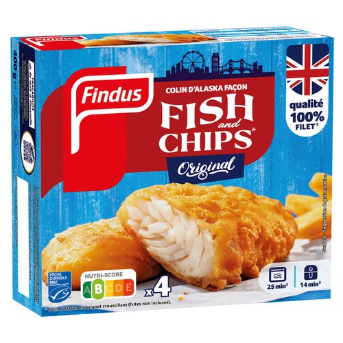 Findus Poisson Pané Colin Façon Fish & Chips MSC Filet x4 100g