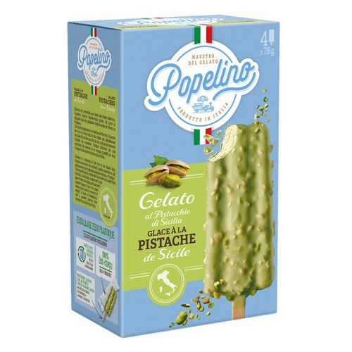 Popelino Bâtonnet pistache de Sicile enrobage chocolat blanc pistache 312g
