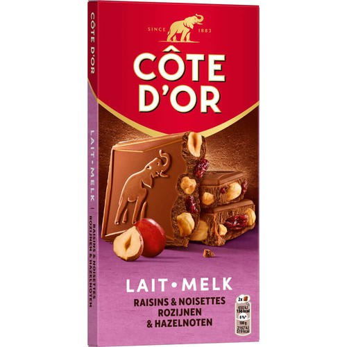 Côte D'Or Tablette Chocolat Au Lait Raisins Et Noisettes Entières 180g