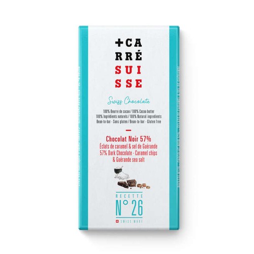 Carré Suisse N°26 Tablette Chocolat Noir 57% Pépites de Caramel et Sel de Guérande 100g