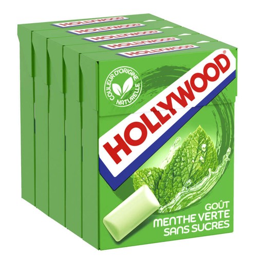 Hollywood Chewing-gum sans sucres avec édulcorants - Parfum menthe verte 5x14g