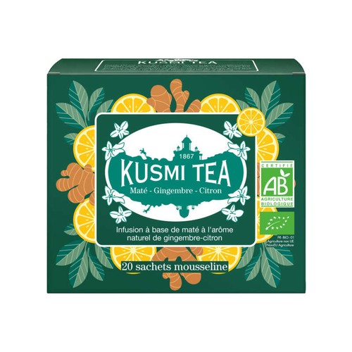 Kusmi Tea Infusion Maté gingembre citron Bio Etui 20 sachets mousseline 40g