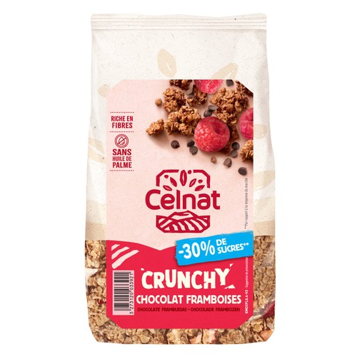 Celnat Crunchy Chocolat & Framboises -30% de sucres 400g