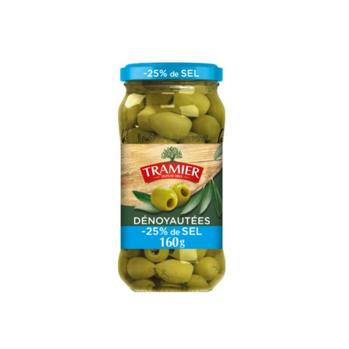 Tramier Olives vertes natures dénoyautées moins 25% de sel 160g
