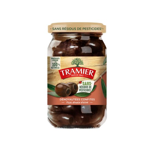 Tramier Olives Noires Confites Dénoyautées 100% naturelle sans résidus de pesticides 150g