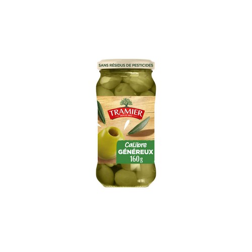 Tramier Olives vertes dénoyautées calibre généreux sans résidus de pesticides 160g