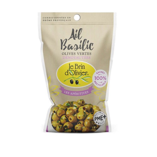 Le Brin d'Olivier Olives vertes dénoyautées à l'ail et au basilic 110g