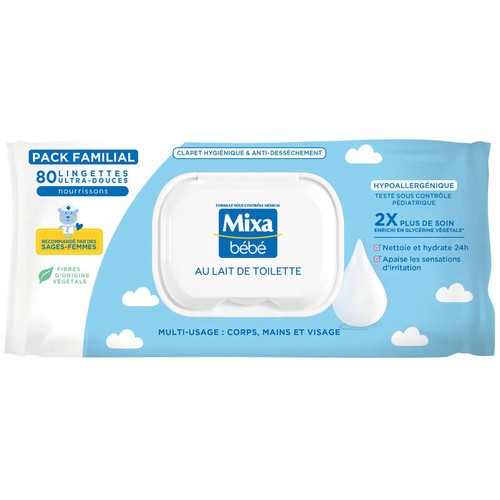 Mixa Bébé Lingettes Ultra-Douces au Lait de Toilette x80