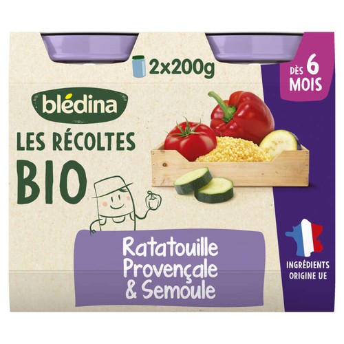 Blédina Les Récoltes Pot Ratatouille Semoule dès 6 mois Bio, 2x200g