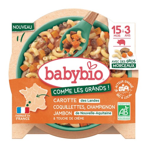 Babybio Carotte des Landes Coquillettes Champignon Jambon de Nouvelle-Aqui Bio 200g