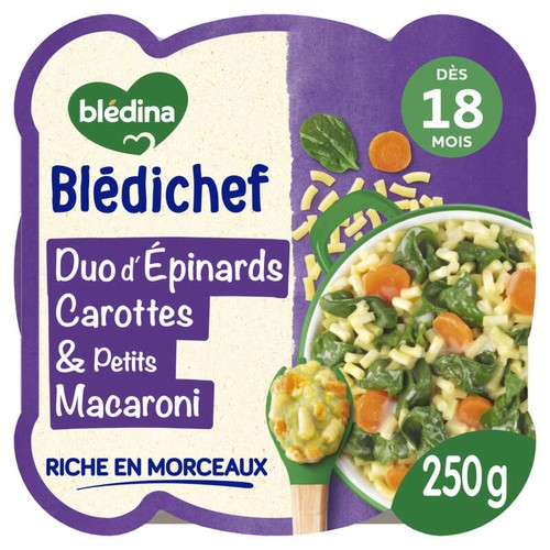 Blédina Duo d'Épinards, Carottes et Petits Macaroni, dès 18 Mois, 250g