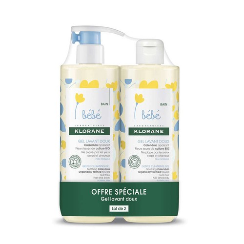 [Para] Klorane Bébé Gel Lavant Doux au Calendula Apaisant Corps & Cheveux Peau Normale Lot 2x500ml