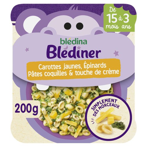 Blédina Petit plat morceaux à dévorer carottes jaunes épinards, pâtes coquilles et touche de crème, de 15 à 36 mois, 200g