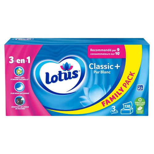 Lotus Classic+ Pur Blanc Boîte Mouchoirs Family Pack