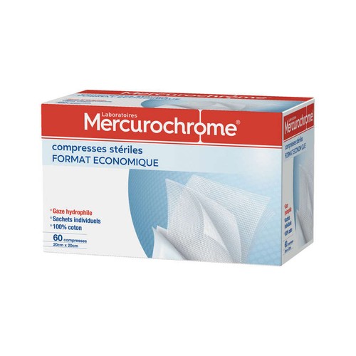 Mercurochrome Compresses Stériles, Gaze Hydrophile, 20cmX20cm x60