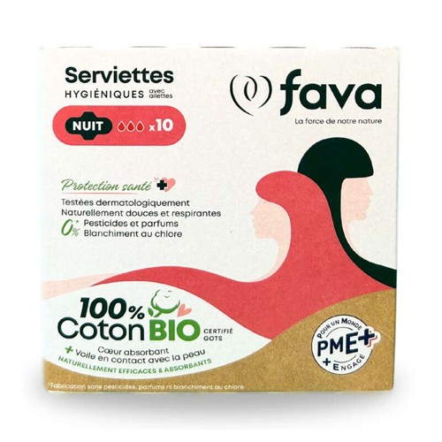 Fava Serviettes Hygiéniques Nuit Bio Avec Ailettes x10