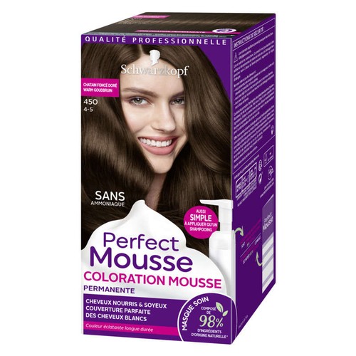 Perfect Mousse Coloration Permanente Cheveux Châtain Foncé Doré 450