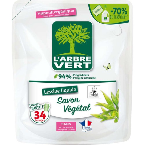 L'Arbre Vert Recharge Lessive Liquide Savon Végétal 1,53L