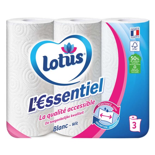Lotus L'essentiel Blanc Rouleaux Essuie-tout x3