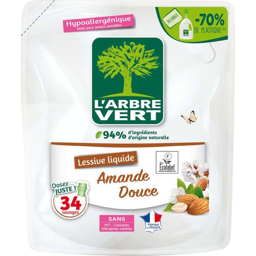 L'Arbre Vert Recharge Lessive Amande Douce Hypoallergénique 1,53L
