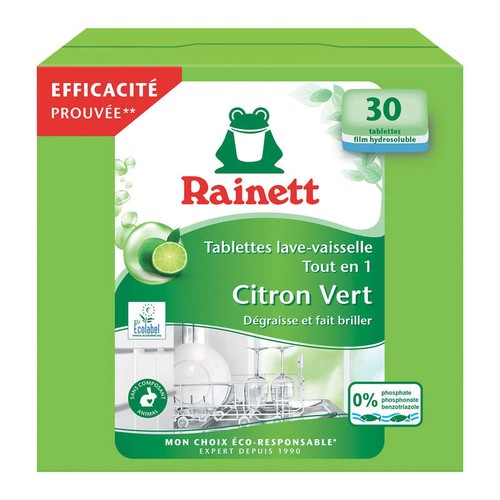 Rainett Tablettes Machine Ecolabel Lave-Vaisselle Tout-En-1 Citron Vert x30