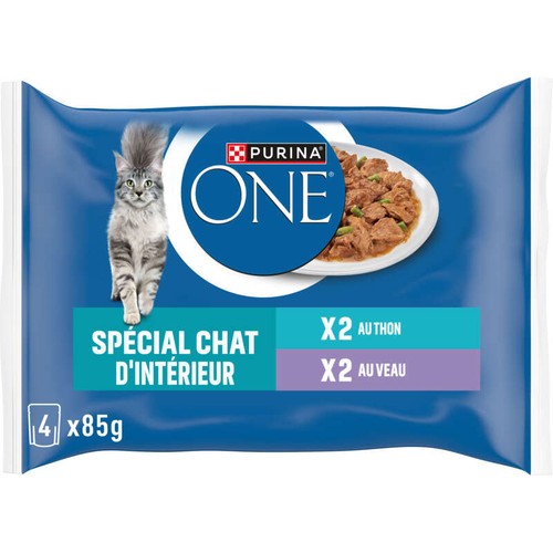 Purina One Pâtée Chat d'intérieur au thon et veau 4x85g