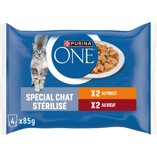Purina One Pâtée Chat stérilisé au poulet et boeuf 4x85g
