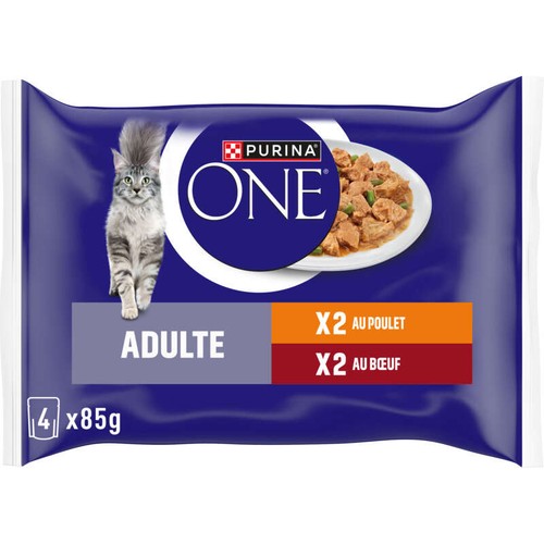 Purina One Pâtée Chat Adulte Poulet, Bœuf - 4x85g