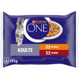 Purina One Pâtée Chat Adulte Poulet, Bœuf - 4x85g