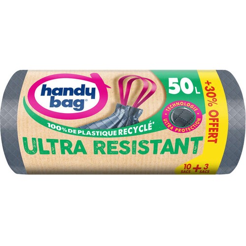 Handy Bag Sacs poubelle poignées coulissantes Ultra Résistant 100% plastique recyclé 10x50L + 30% Offert