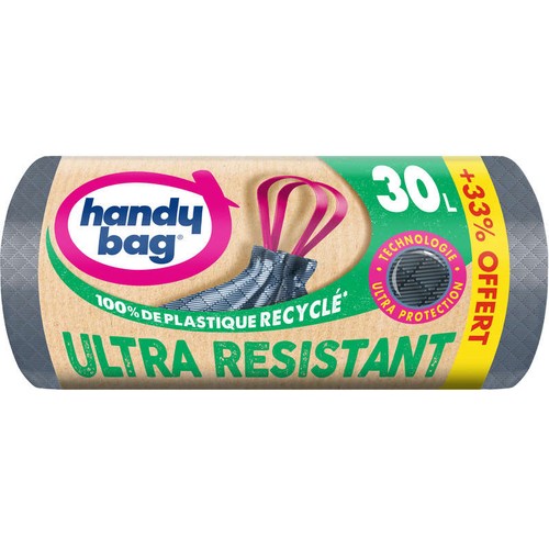 Handy Bag Sacs poubelle poignées coulissantes Ultra Résistant 100% plastique recyclé 30L + 33% Offert