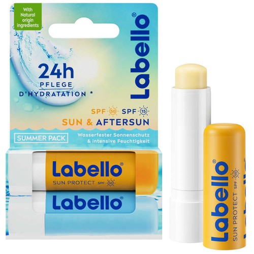 Labello Baume soin des lèvres Sticks hydratant Protection Solaire et Après-solaire 2x4,8g