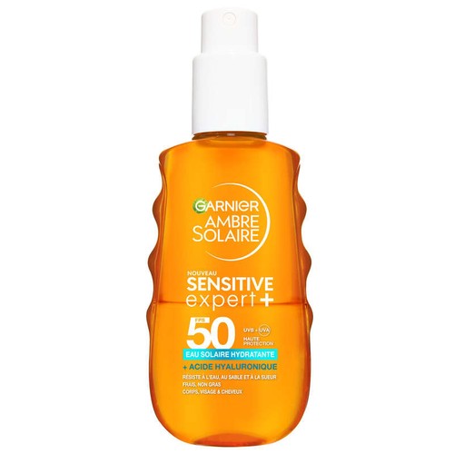 Garnier Ambre Solaire Sensitive Expert+ eau solaire hydratante spray FPS50 +acide hyaluronique corps visage cheveux