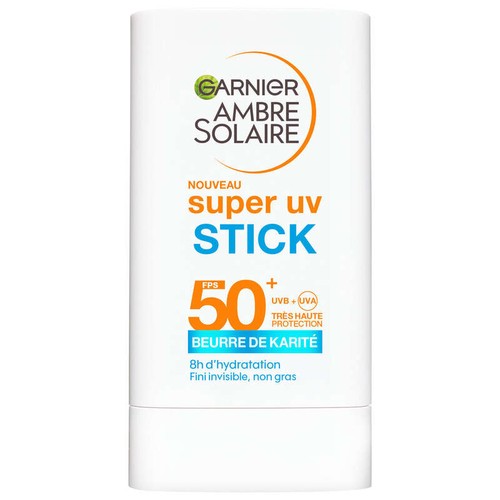 Garnier Crème solaire Stick Visage Spf50+ Très Haute Protection Super Uv au Beurre de Karité Acide Hyaluronique Ambre Solaire