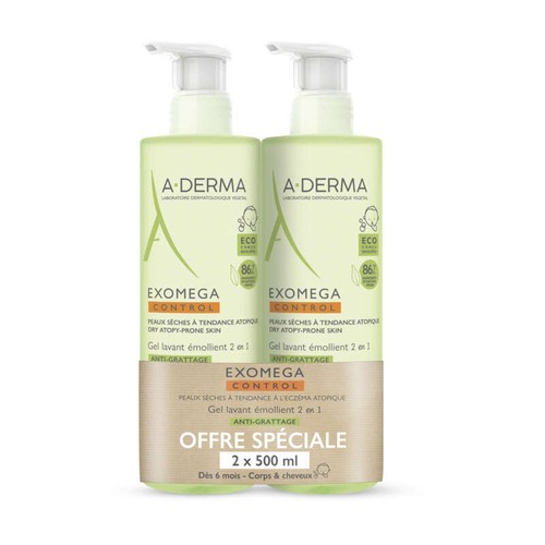 A-Derma Exomega Control Gel Lavant Émollient 2en1 Anti-Grattage  2x500ml