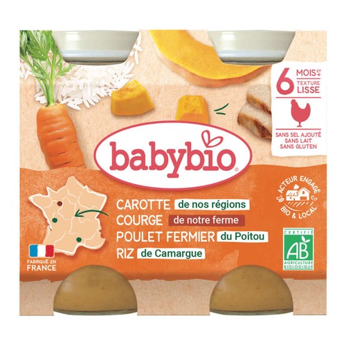 Babybio Petits Pots Carotte Butternut Poulet Fermier Dès 6 Mois 2x200g