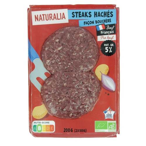 Naturalia Steaks Hachés Pur Bœuf Façon Bouchère 5%  de Mg 2x100g