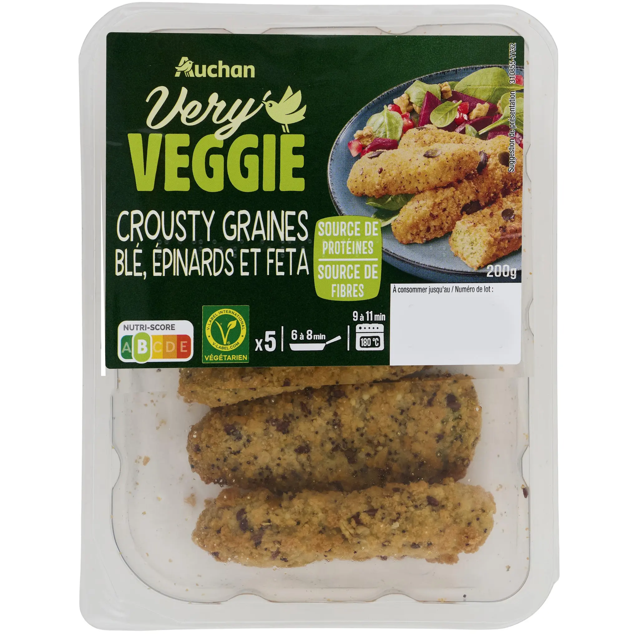 AUCHAN VERY VEGGIE Aiguillettes panées multigraines épinards et féta