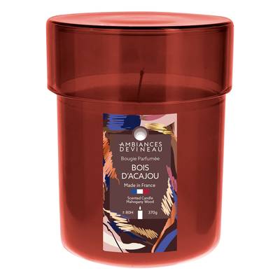 Ambiances Devineau Bonbonnière laquée prune avec capot transparent rempli de bougie parfumée Bois d'Acajou, 1 bougie
