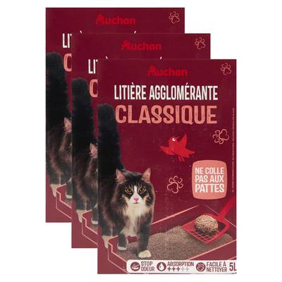 Auchan Litière minérale agglomérante super absorbante pour chat, Lot de 3x5L
