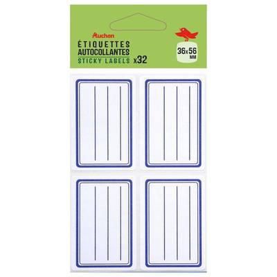 Auchan Etiquettes scolaire adhésives lignées, 32 étiquettes Dimensions : 36x56 mm