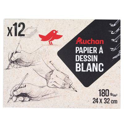 Auchan Pochette papier à dessin blanc 24x32 cm, 12 feuilles 180g/m2