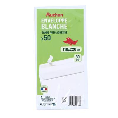 Auchan 50 Enveloppes blanches auto-adhésive, Dimensions : 110x220mm