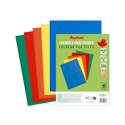 Auchan Sous-chemises carton 24 x 32 cm pour dossier coloris assortis, 15 chemises Sans élastiques. Couleurs vives