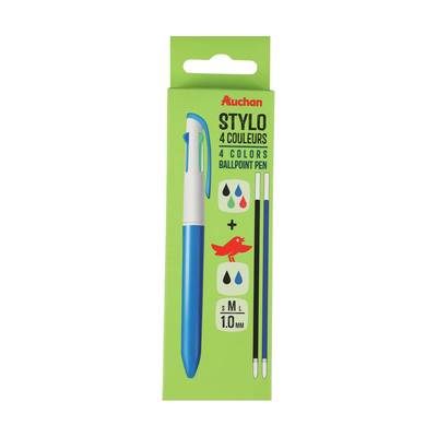 Auchan Stylo bille 4 couleurs pointe moyenne avec recharge bleue et noire, 1 stylo bille 4 couleurs  avec 1 recharge bleue et 1 recharge noire