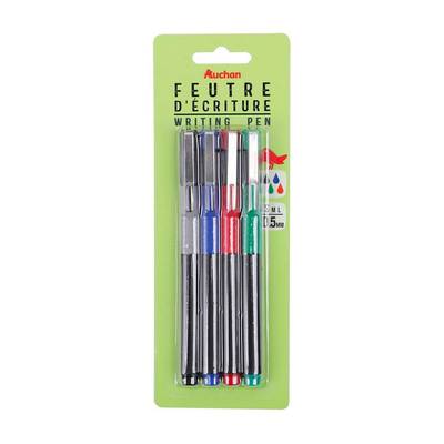 Auchan Lot de feutres d'écriture pointe fine 0.5mm, Lot de 4 stylos (Bleu, noir, rouge, vert)