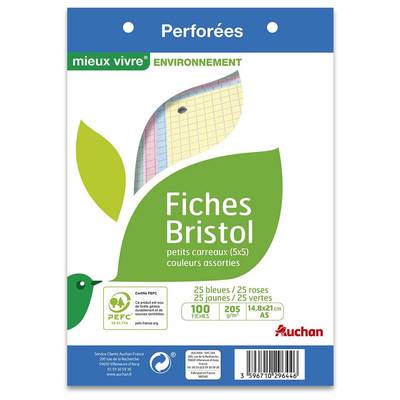 Auchan Fiches bristol perforées couleurs assorties A5 14,8x21cm, 100 fiches 205g/m²