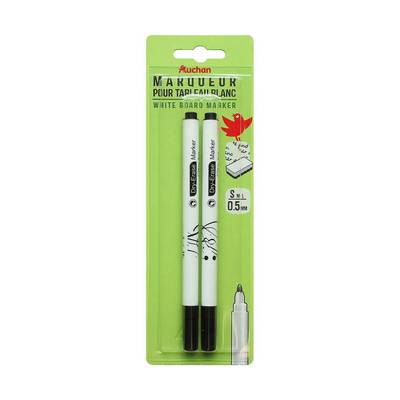 Auchan Marqueurs pour tableau blanc effaçables pointes fines noirs, Lot de 2 marqueurs