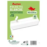 Auchan 15 enveloppes blanches auto-adhésives, Dimensions 162 x 229 mm